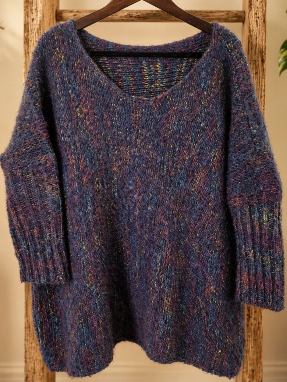 Handmade Rainbow Fleck Fuzzy V Neck Oversized Knit Sweater 29” PTP